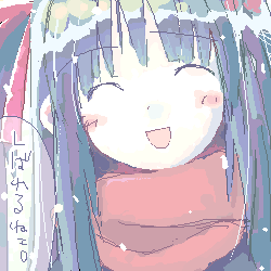 asami natsuhito, original, archived source, lowres, translation request, 1girl, black hair, blunt bangs, closed eyes, dot nose, hair ribbon, happy, head tilt, jaggy lines, long hair, open mouth, pale color, red ribbon, red scarf, ribbon, scarf, sidelocks, smile, snowing, solo, speech bubble, straight hair