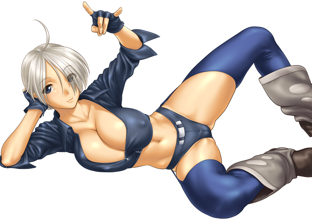 st.germain-sal, angel (kof), snk, the king of fighters, 1girl, n/, ahoge, arm support, breasts, cleavage, covered erect nipples, female focus, fingerless gloves, gloves, hair over one eye, huge breasts, large breasts, m/, navel, solo, spread legs, white hair