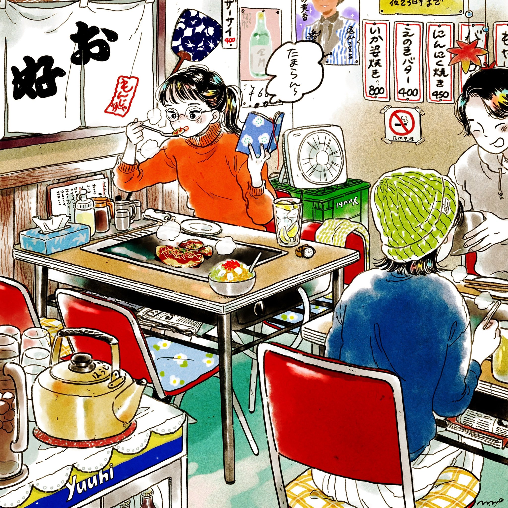 emamemamo33, original, highres, 1boy, 1girl, 2girls, absurdly detailed composition, beanie, black eyes, black hair, blush, book, bowl, chair, choppy bangs, colored skin, cup, doily, drinking glass, eating, fingernails, floral print, flower, food, grill, hand fan, hat, holding, holding book, hot plate, indoors, iridescent hair, kettle, laughing, leaf, loaded interior, long sleeves, maple leaf, menu, multiple girls, no smoking, okonomiyaki, orange sweater, paper fan, parted hair, plate, ponytail, poster (object), refrigerator, restaurant, round eyewear, shirt, short hair, signature, slice of life, smile, speech bubble, steam, sweater, table, thought bubble, tissue box, turtleneck, turtleneck sweater, uchiwa, watch, white skin, window, wristwatch