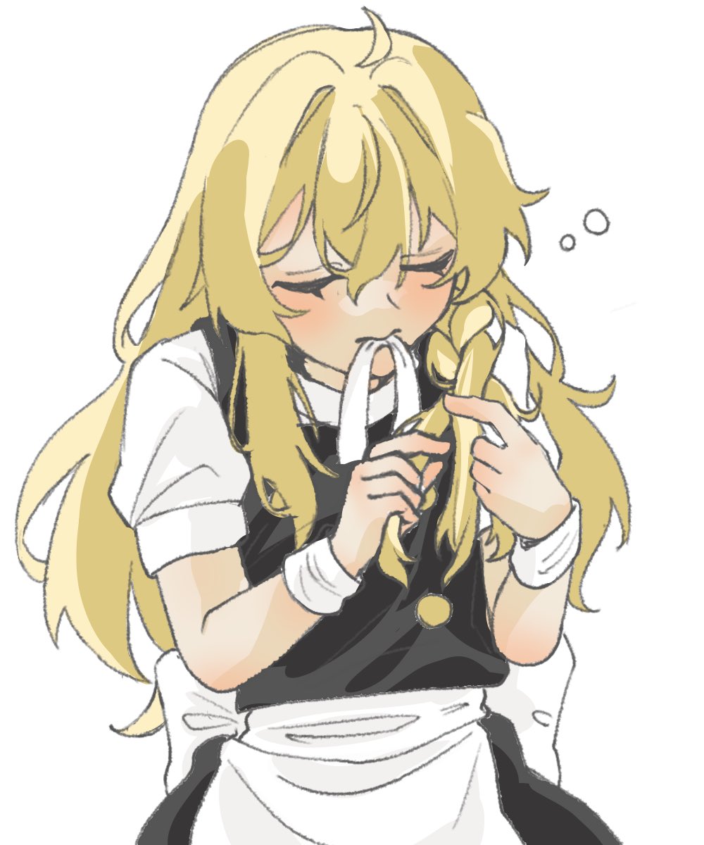 kirisame marisa, touhou, commentary request, highres, 1girl, apron, black skirt, black vest, blonde hair, blush, bow, braiding hair, closed eyes, hair bow, hairdressing, mouth hold, no headwear, puffy short sleeves, puffy sleeves, ribbon, ribbon in mouth, sakatuki 07, short sleeves, simple background, skirt, solo, vest, waist apron, white apron, white background