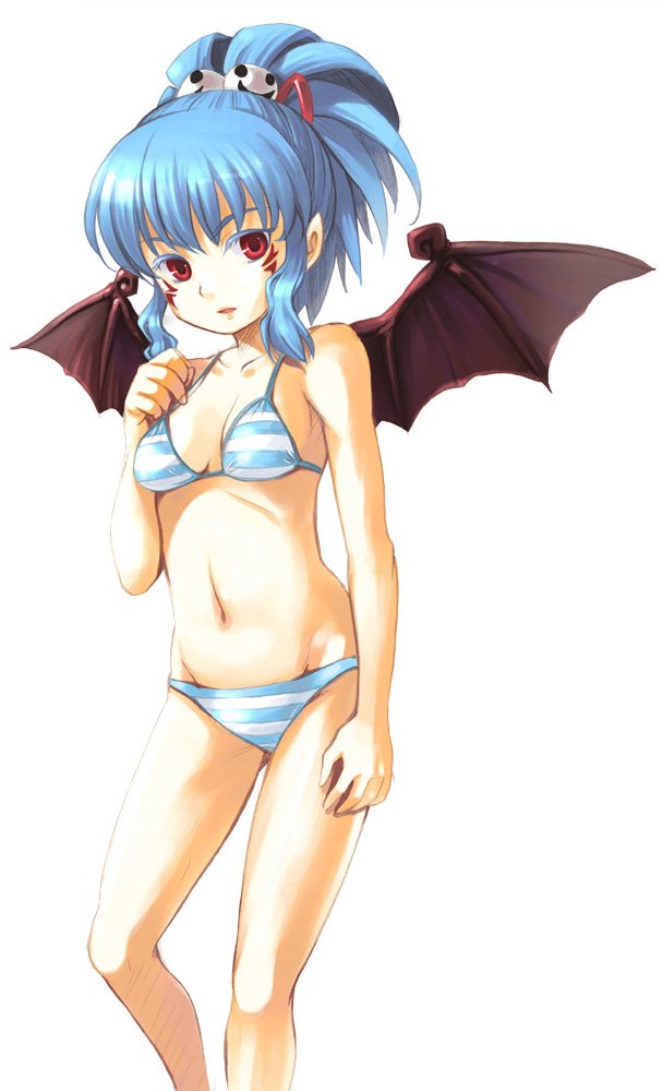 aro s, shimakusa arou, alwen, alwen du moonbria, zwei!!, zwei 2, 1girl, bat wings, bikini, blue bikini, blue hair, facial tattoo, female focus, pointy ears, ponytail, red eyes, simple background, solo, striped bikini, striped clothes, swimsuit, tattoo, white background, wings