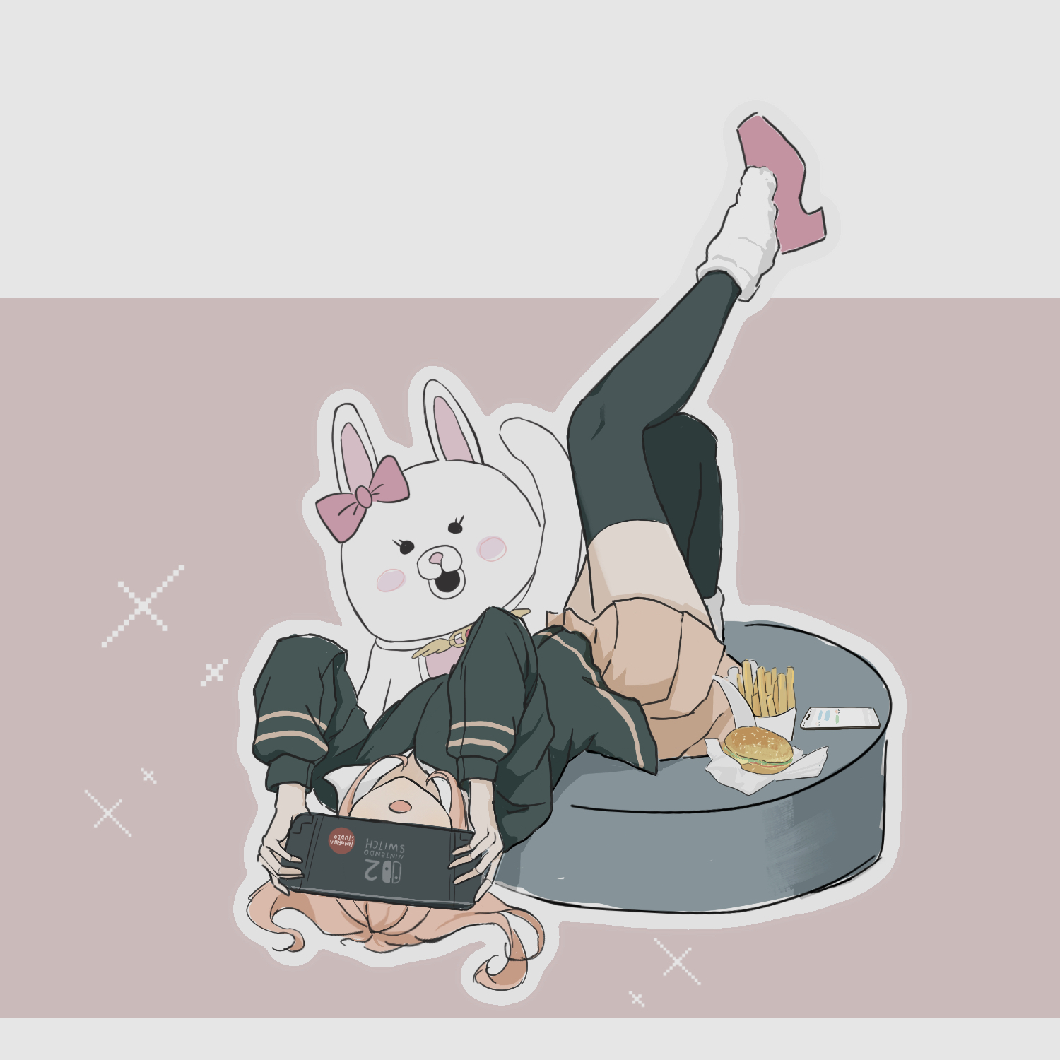 nanami chiaki, usami (danganronpa), danganronpa (series), danganronpa 2: goodbye despair, highres, 1girl, :d, black thighhighs, blush stickers, bow, brown hair, ear bow, flipped hair, food, french fries, hair ornament, holding, jacket, leg up, long sleeves, medium hair, nintendo switch 2, open mouth, pink background, pink eyes, pleated skirt, shirt, shoes, skirt, smile, thighhighs, white background, wu yue shiliu