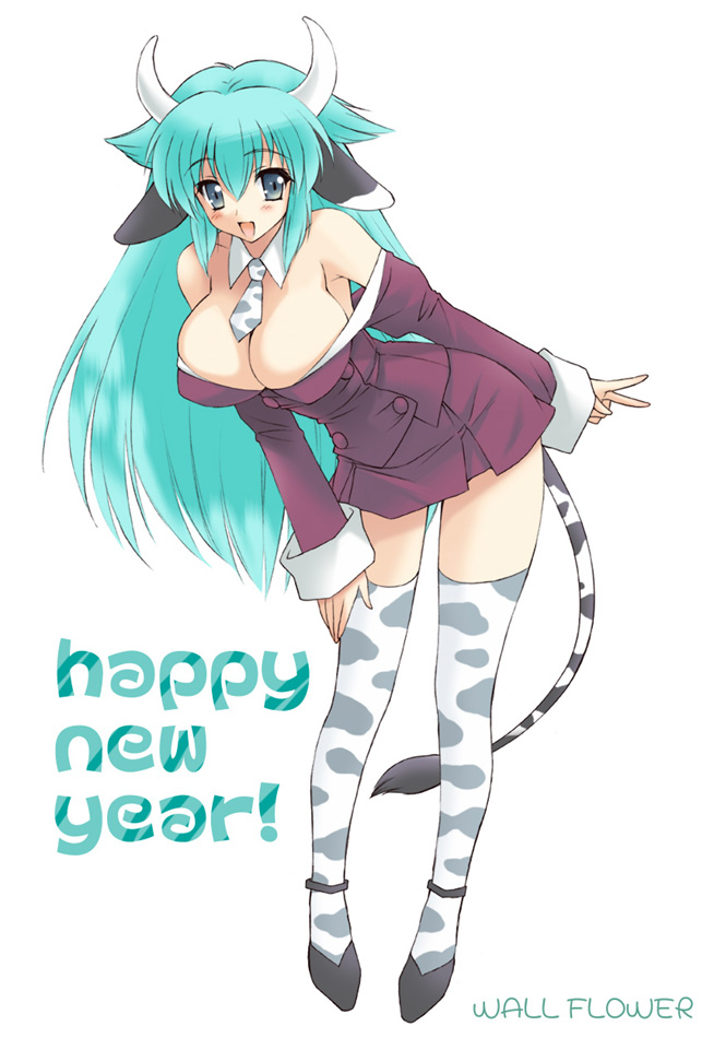 kuroda akimi, original, 00s, 1girl, 2009, animal ears, animal print, aqua hair, armpits, bare shoulders, bent over, blue eyes, blush, breasts, cleavage, cow ears, cow girl, cow print, female focus, happy, horns, large breasts, long hair, necktie, new year, skirt, solo, tail, thighhighs, v, zettai ryouiki