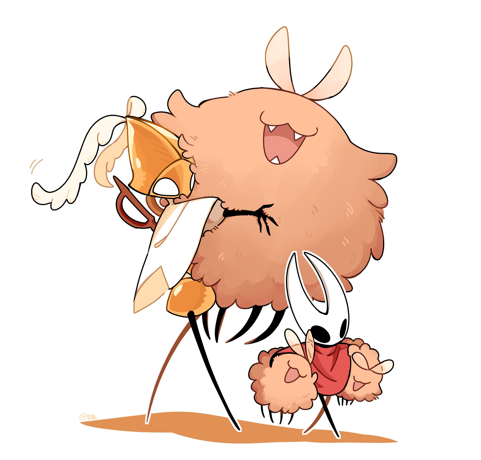 flea (hollow knight), hornet (hollow knight), huge flea (hollow knight), hollow knight, hollow knight: silksong, highres, arthropod girl, arthropod limbs, black eyes, black skin, blank eyes, carrying, carrying under arm, cloak, colored skin, fangs, fluffy, full body, hollow eyes, horned mask, horns, hug, humanoid robot, mask, no eyes, no humans, red cloak, robot, second sentinel (hollow knight), simple background, starowarblern, walking, white background, white cloak, white eyes, white mask