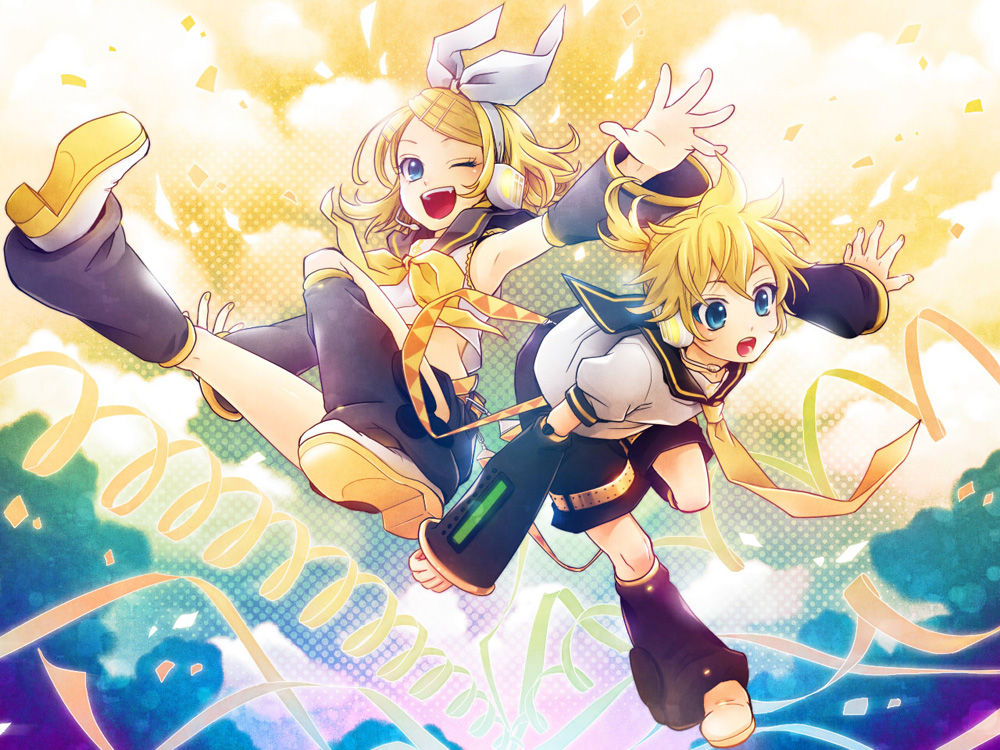 koyama kariko, kagamine len, kagamine rin, vocaloid, 1boy, 1girl, blonde hair, brother and sister, detached sleeves, hair ribbon, necktie, one eye closed, open mouth, ribbon, short hair, shorts, siblings, smile, twins, wink, yellow necktie