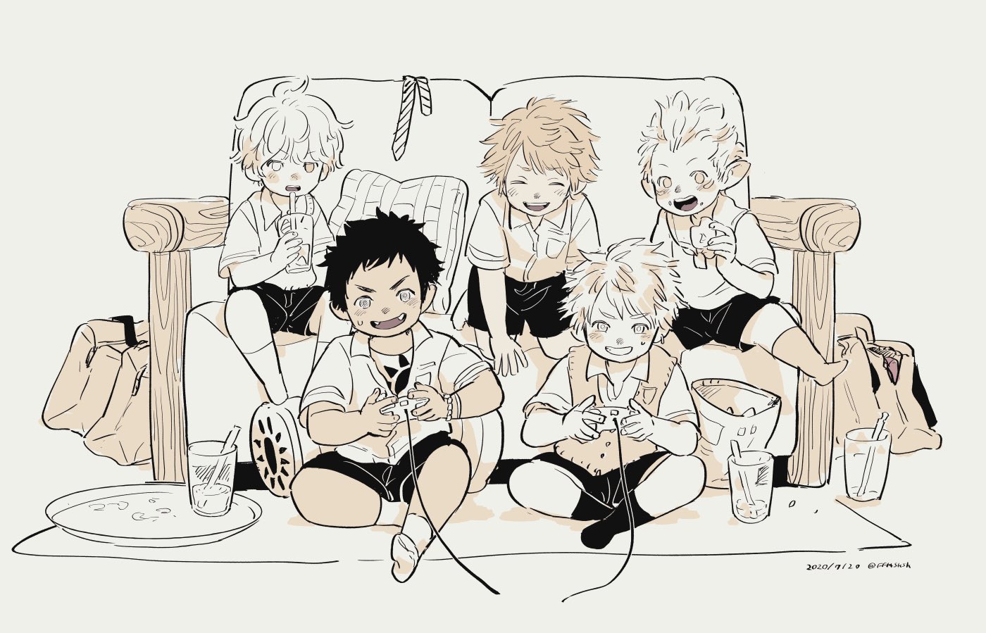 warrior of light (ff14), final fantasy, final fantasy xiv, commentary request, 5boys, ano amesuke, bag, controller, couch, cup, food, game controller, greyscale, holding, holding controller, holding food, holding game controller, indian style, kneeling, lalafell, male focus, monochrome, multiple boys, necktie, open mouth, pillow, pointy ears, sepia, shorts, sitting, smile, socks, tray, unworn necktie