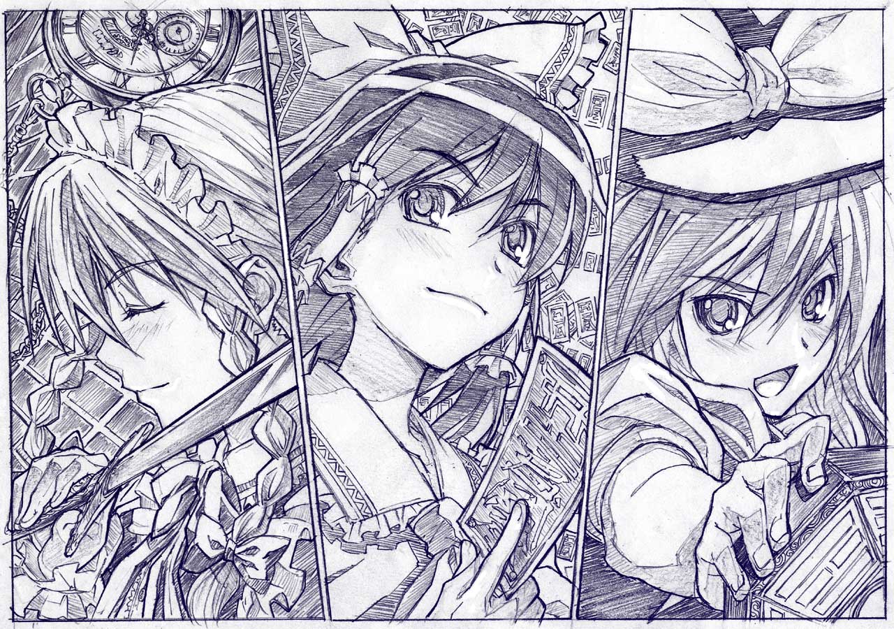 sakino shingetsu, hakurei reimu, izayoi sakuya, kirisame marisa, touhou, graphite (medium), traditional media, 3girls, female focus, monochrome, multiple girls, purple theme, sketch