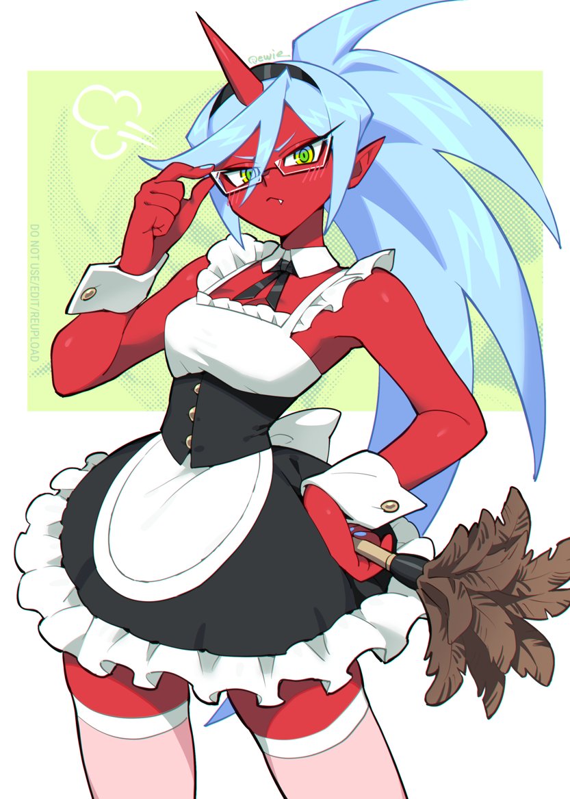 qewie, kneesocks (psg), panty & stocking with garterbelt, 1girl, adjusting eyewear, alternate costume, apron, artist name, bare shoulders, blue hair, blush, bow, breasts, bug, cleavage, colored skin, cropped legs, cuff links, demon girl, duster, eyes visible through hair, fang, frilled apron, frills, green eyes, hand on own hip, holding, holding duster, horns, long hair, looking at viewer, maid, multicolored eyes, pointy ears, ponytail, red skin, ringed eyes, single horn, solo, thighhighs, white bow, white thighhighs