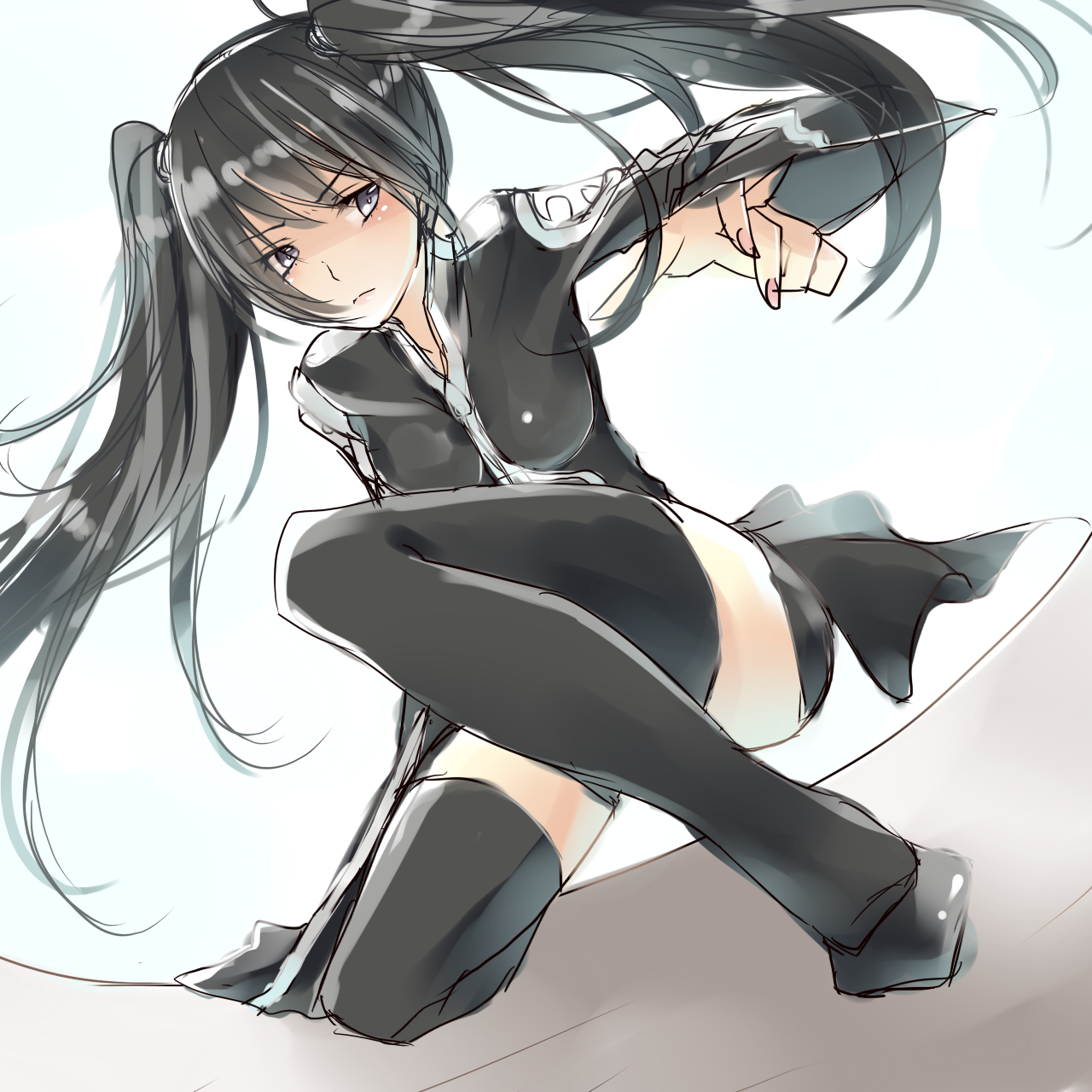 ayuteisyoku, lenalee lee, d.gray-man, highres, 1girl, black hair, black jacket, black order uniform, black shoes, black shorts, black skirt, black thighhighs, blush, breasts, cross, facing viewer, fighting stance, floating clothes, floating hair, front zipper, frown, grey background, grey eyes, hair between eyes, hand on ground, jacket, legs, long hair, long sleeves, looking to the side, medium breasts, miniskirt, on one knee, parted bangs, shoes, shorts, sidelocks, sketch, skirt, solo, squatting, striped clothes, striped jacket, thighhighs, thighs, twintails, two-tone background, vertical-striped clothes, vertical-striped jacket, very long hair, white background, wide sleeves, zettai ryouiki, zipper