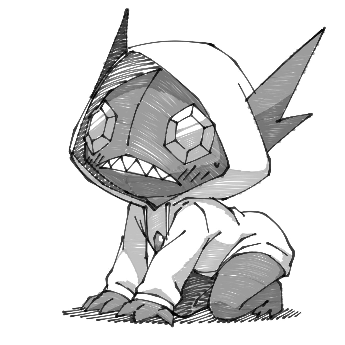 ino eye, sableye, nintendo, original, pokemon, highres, all fours, clothed pokemon, gem, gen 3 pokemon, greyscale, hood, hood up, hoodie, monochrome, no humans, pokemon (creature), pokemon focus, sharp teeth, simple background, teeth, white background