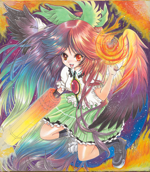 sakurai tamako, tama tamako sakurai, reiuji utsuho, touhou, bad id, bad pixiv id, traditional media, 1girl, brown hair, dress, female focus, fire, glowing, hair ribbon, long hair, open mouth, red eyes, ribbon, shikishi, shoes, socks, solo, very long hair, weapon, wings