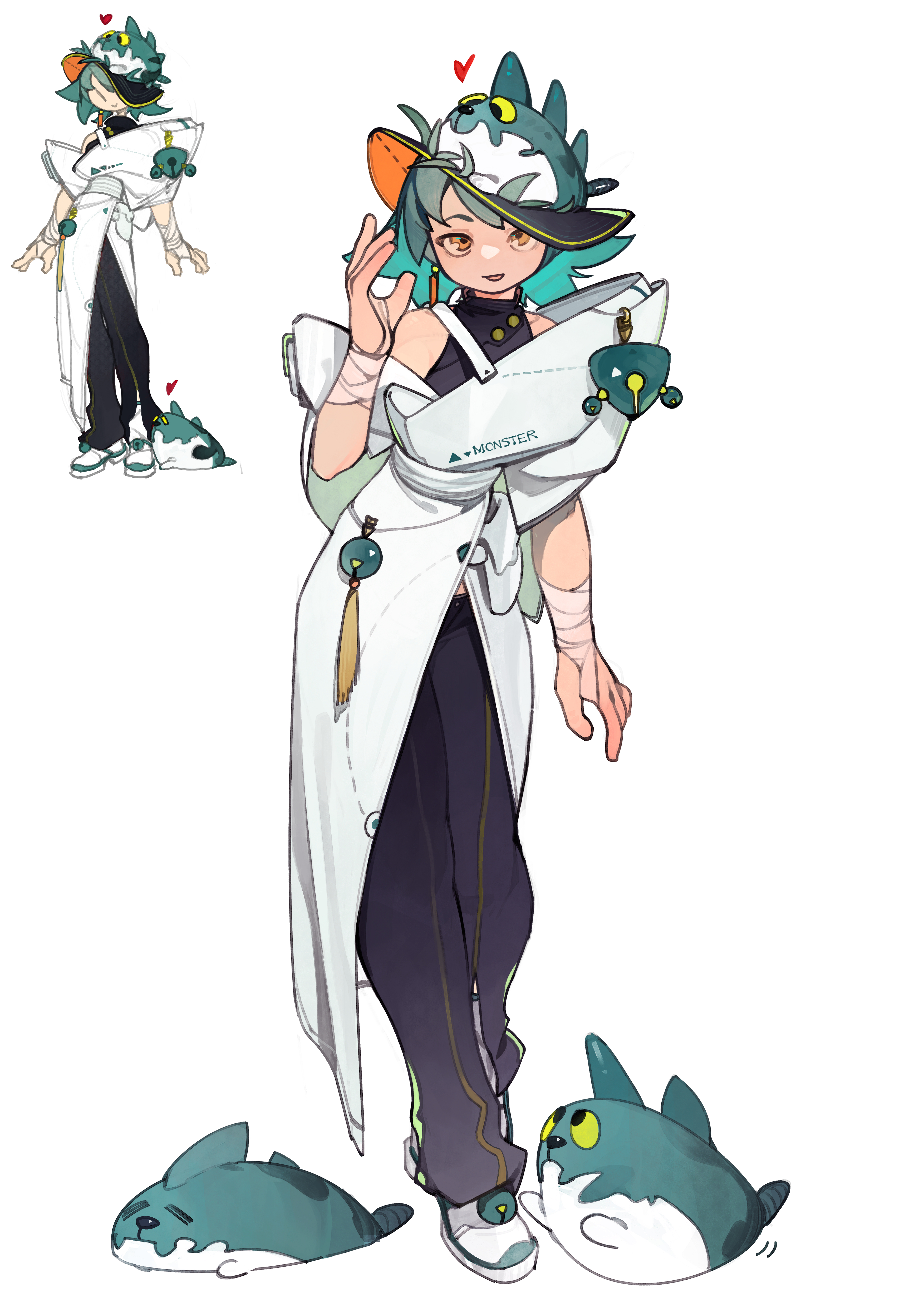 linween, original, absurdres, commentary, highres, 1girl, closed eyes, clothes writing, colored inner hair, earrings, hat, heart, jewelry, multicolored hair, orange eyes, simple background, white background