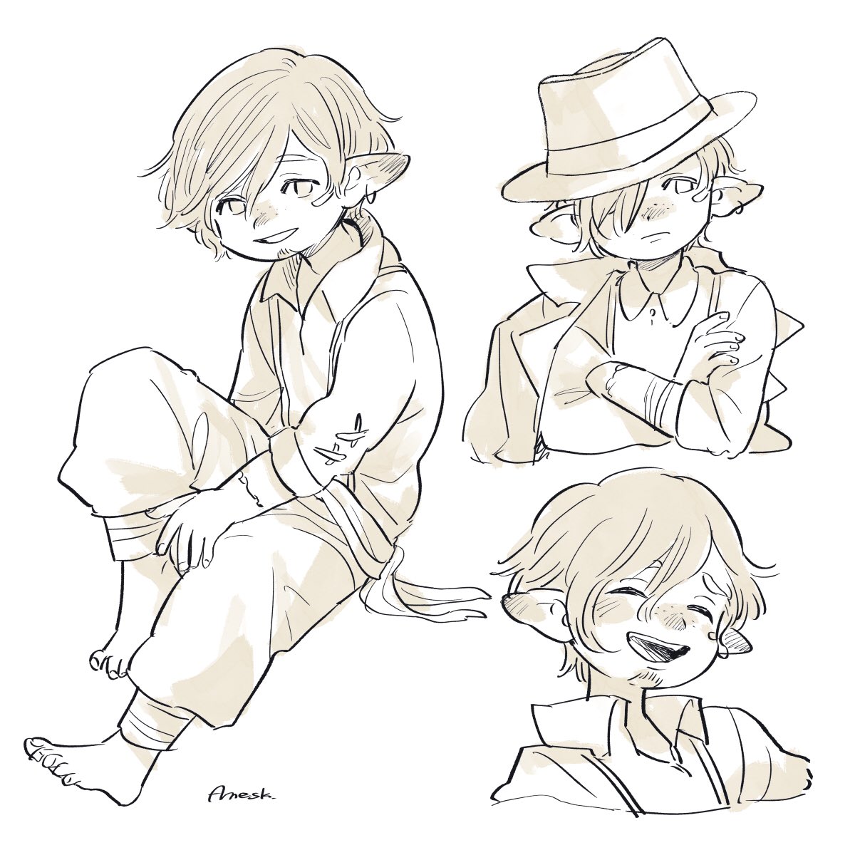 warrior of light (ff14), final fantasy, final fantasy xiv, highres, 1boy, ano amesuke, bare shoulders, closed eyes, crossed arms, earrings, facial hair, facial mark, freckles, goatee, hair over one eye, hat, jewelry, lalafell, limited palette, male focus, open mouth, pointy ears, signature, single earring, smile, suspenders