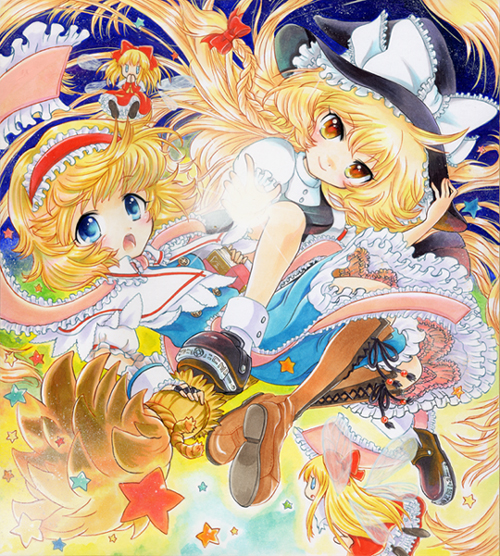 sakurai tamako, tama tamako sakurai, alice margatroid, hourai doll, kirisame marisa, touhou, marker (medium), traditional media, >:), 2girls, :o, blonde hair, blue eyes, boots, braid, broom, doll, female focus, frills, hairband, hand on headwear, hat, long hair, multiple girls, shikishi, short hair, star (symbol), v-shaped eyebrows, wings, witch, witch hat, yellow eyes
