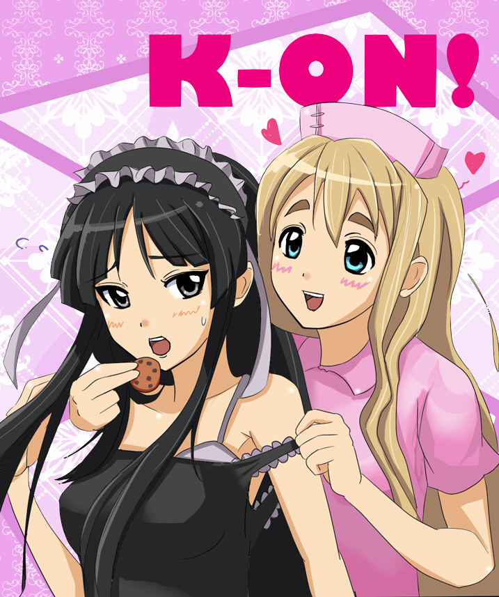 maron-san, akiyama mio, kotobuki tsumugi, fuwafuwa time, k-on!, 00s, 2girls, black eyes, black hair, blonde hair, blue eyes, cookie, food, gothic lolita, lolita fashion, long hair, multiple girls, nurse, strap slip