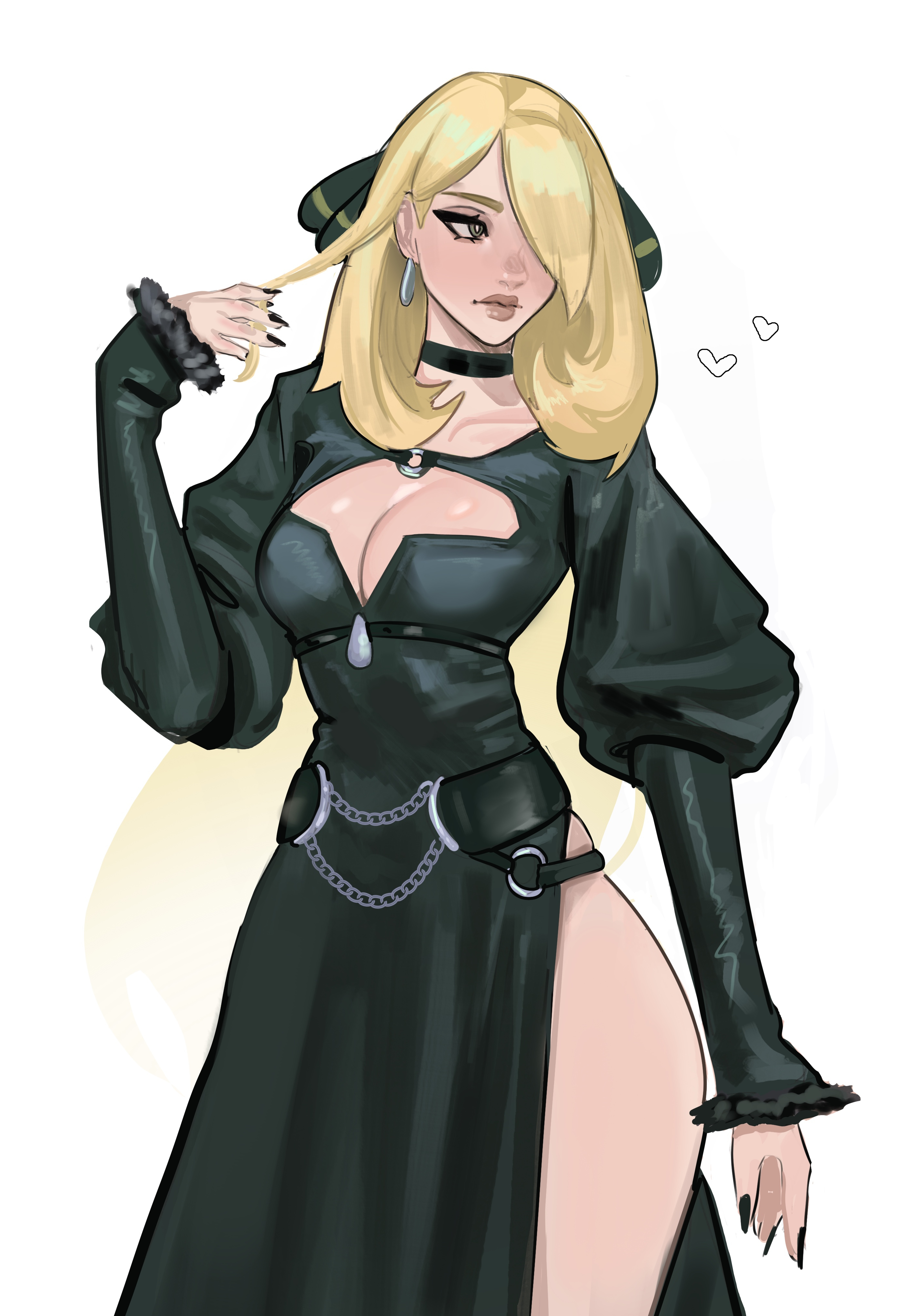 vile (vile jp), cynthia (pokemon), nintendo, pokemon, pokemon dppt, absurdres, highres, 1girl, alternate costume, black choker, black dress, black nails, blonde hair, breasts, choker, cleavage, closed mouth, collarbone, dress, earrings, grey eyes, hair ornament, hair over one eye, heart, jewelry, large breasts, long hair, long sleeves, side slit, simple background, solo, thighs, white background