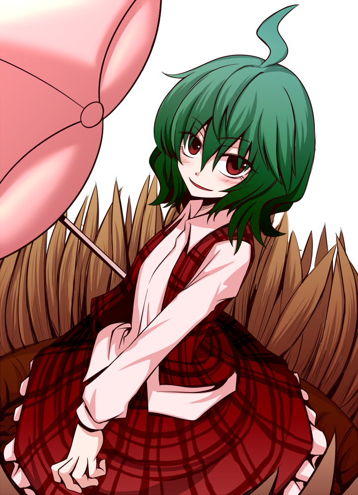 tori rui, kazami yuuka, touhou, 1girl, ahoge, blush, brown eyes, dutch angle, female focus, from above, green hair, parasol, plaid clothes, plaid skirt, plaid vest, red eyes, short hair, skirt, skirt set, smile, solo, umbrella, vest