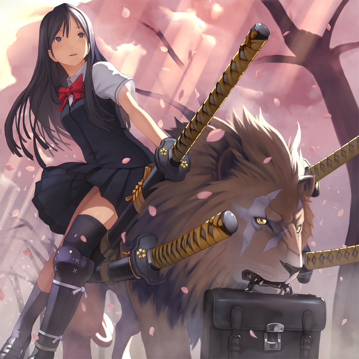 mars (artist), shizuma yoshinori, original, bookbag, highres, 1girl, bag, black eyes, black hair, black thighhighs, bow, cherry blossoms, female focus, katana, light rays, lion, long hair, mouth hold, parted lips, riding, scar, school uniform, sheath, sheathed, sidesaddle, skirt, skirt set, solo, sunbeam, sunlight, sword, thighhighs, tree, weapon