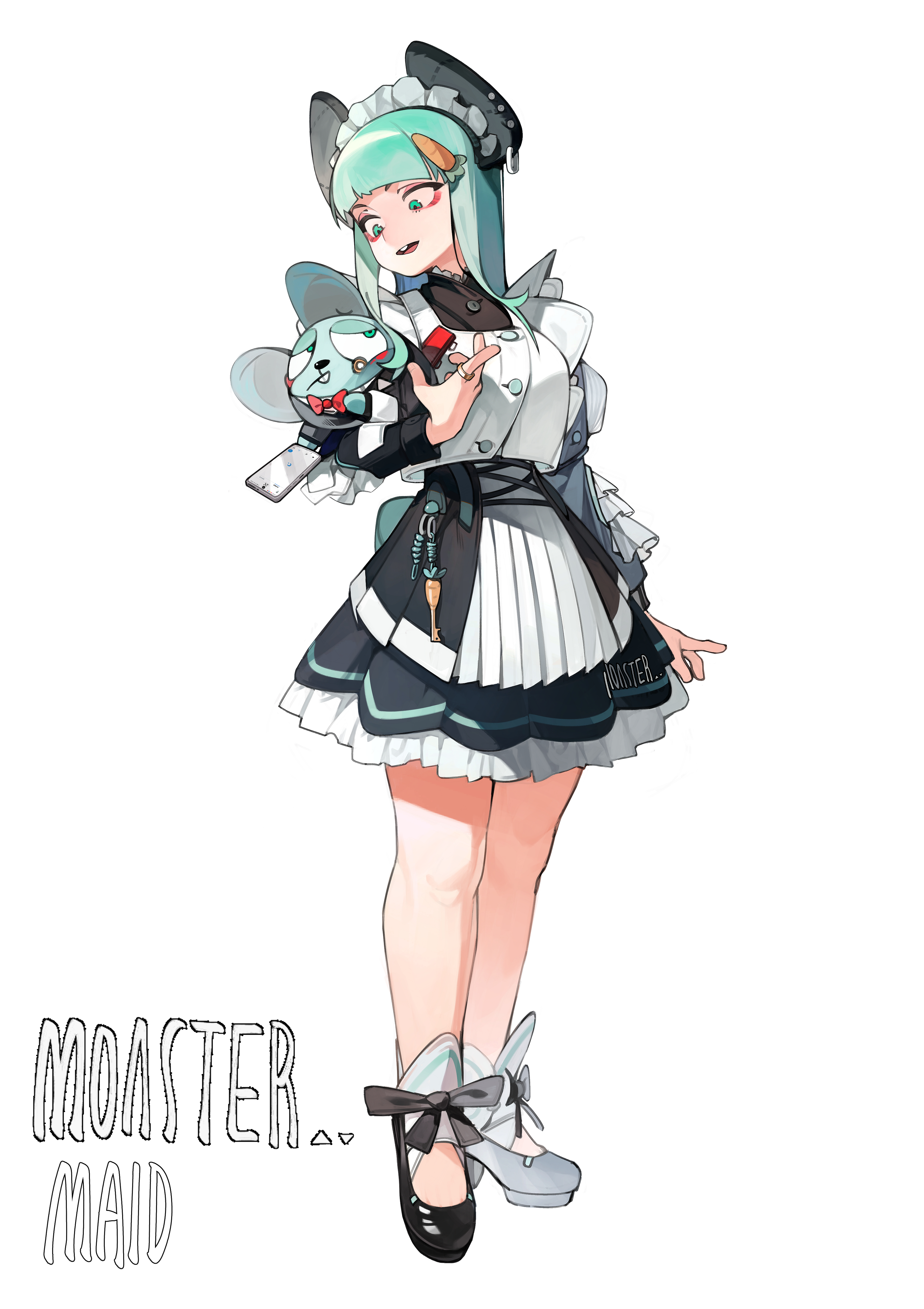 linween, original, absurdres, commentary, highres, 1girl, animal ears, bow, bowtie, carrot hair ornament, cellphone, food-themed hair ornament, hair ornament, holding, holding phone, jewelry, long hair, maid, maid headdress, personification, phone, red bow, red bowtie, ring, simple background, smartphone, white background