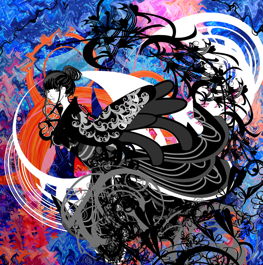 kazaana, original, abstract, black hair, colorful, dress, flower, long hair, psychedelic, solo