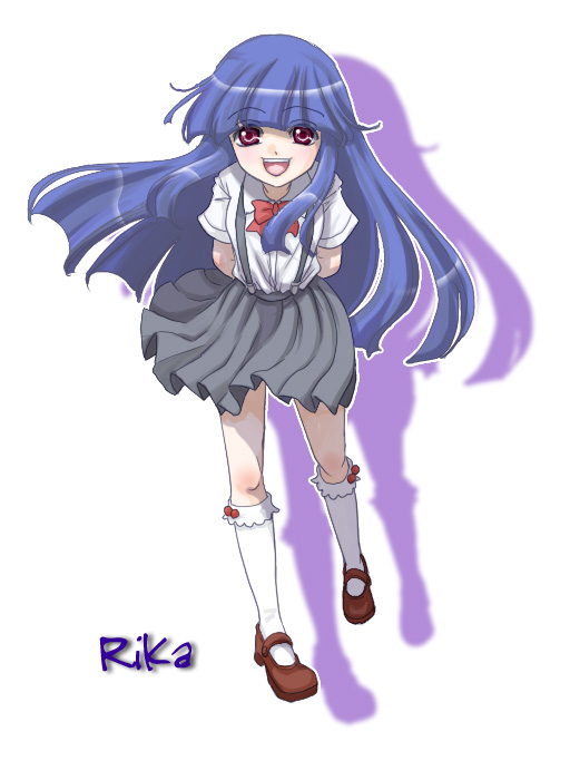 hishou kotatsu, furude rika, higurashi no naku koro ni, 00s, blue hair, leaning forward, long hair, purple eyes, socks, solo