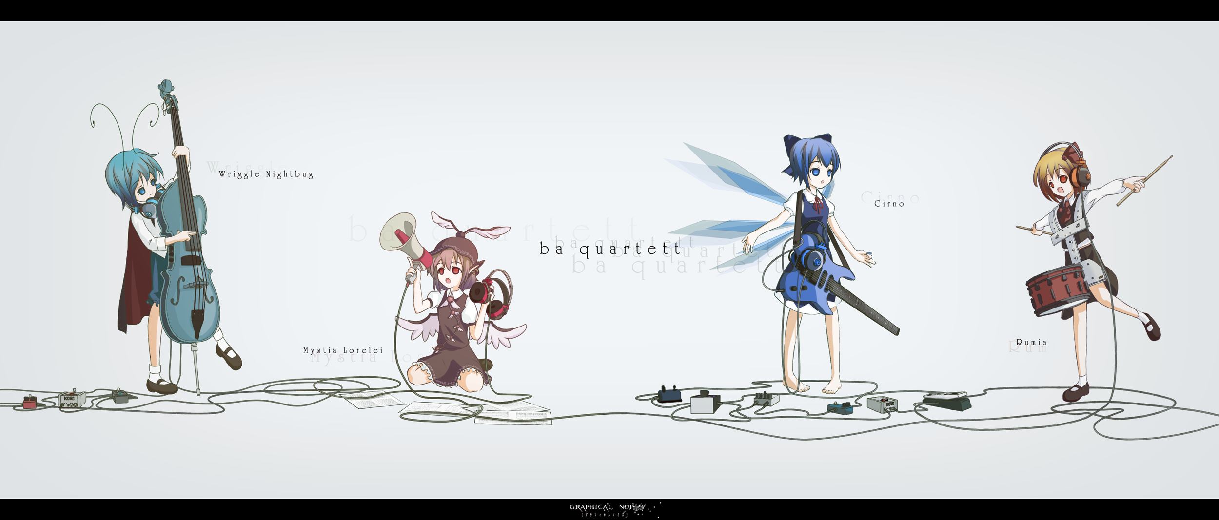 r.s.r., cirno, mystia lorelei, rumia, wriggle nightbug, touhou, bad id, bad pixiv id, highres, 4girls, antennae, barefoot, blonde hair, blue eyes, blue hair, cable, cello, drum, green eyes, green hair, guitar, headphones, instrument, kneeling, letterboxed, megaphone, multiple girls, pink hair, red eyes, short hair, team 9 (touhou), wings