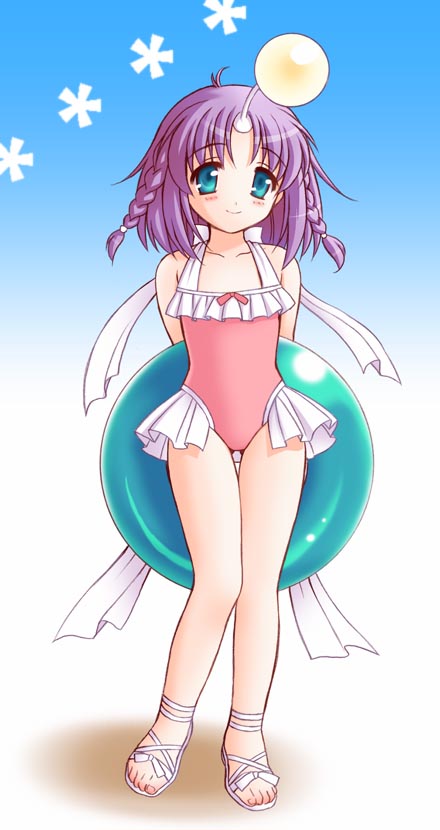 kuroda akimi, cho-chin, galzoo island, antennae, aqua eyes, arms behind back, blush, braid, feet, frills, innertube, one-piece swimsuit, purple hair, ribbon, sandals, short hair, smile, solo, swim ring, swimsuit, thigh gap, thighs, twin braids