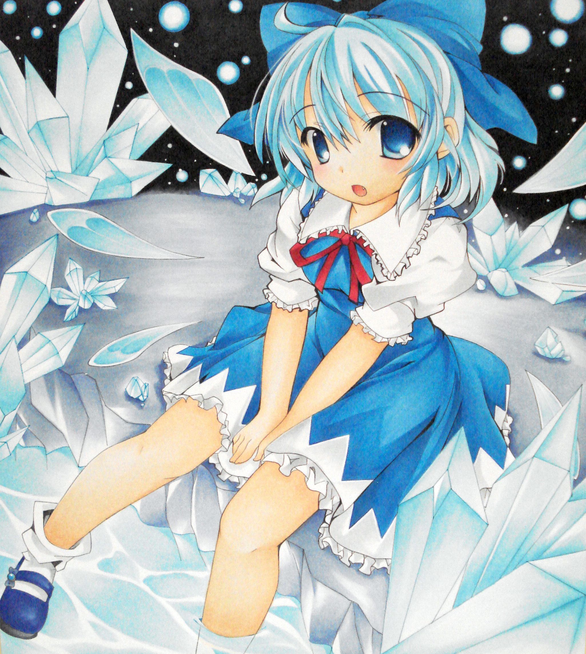 yuki tsuki sou, yukitsuki kokoro, cirno, embodiment of scarlet devil, touhou, bad id, bad pixiv id, highres, traditional media, 1girl, ahoge, blue eyes, blue hair, bow, crystal, fang, female focus, hair bow, ice, looking at viewer, mary janes, matching hair/eyes, shikishi, shoes, short hair, sitting, soaking feet, solo, v arms, water, wings