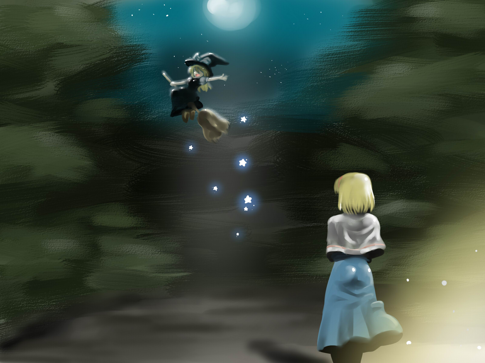 tukiwani, alice margatroid, kirisame marisa, touhou, highres, traditional media, 2girls, blonde hair, broom, broom riding, female focus, floating, flying, full moon, hat, moon, multiple girls, night, night sky, outdoors, sky, standing, star (symbol), waving, witch, witch hat
