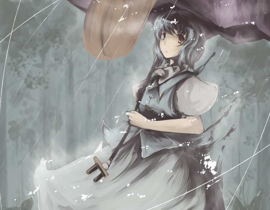 ryuu, ryuu (tsukinoyuki), tatara kogasa, touhou, 1girl, female focus, heterochromia, karakasa obake, oil-paper umbrella, rain, solo, umbrella