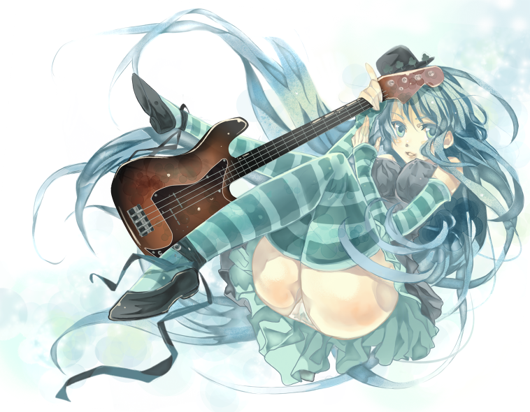 platinumcorundum, akiyama mio, don't say "lazy", k-on!, bad id, bad pixiv id, 00s, 1girl, female focus, fingerless gloves, gloves, guitar, hat, instrument, mini hat, mini top hat, panties, solo, striped clothes, striped thighhighs, thighhighs, top hat, underwear