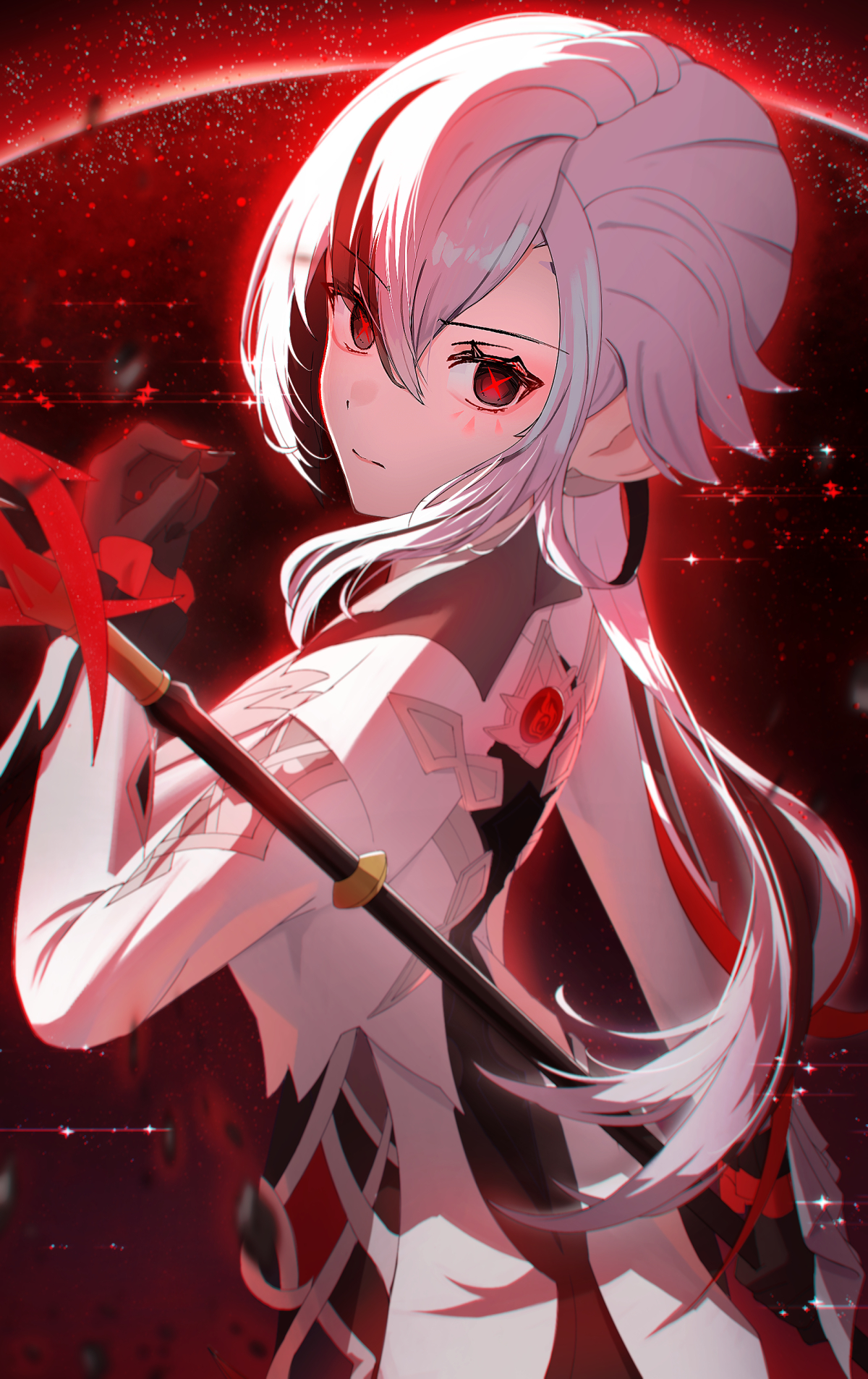 rerute (lerte 6), arlecchino (genshin impact), genshin impact, highres, black eyes, black hands, colored extremities, gradient skin, multicolored hair, red pupils, streaked hair, symbol-shaped pupils, white hair, x-shaped pupils