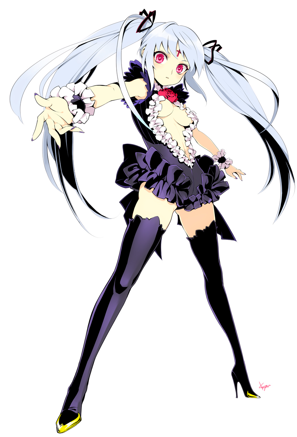 kayou (kayou-bi), original, silver hair, highres, 1girl, black thighhighs, boots, breasts, cross, female focus, flower, frills, gathers, hair ribbon, high heels, legs, long hair, medium breasts, nail polish, open clothes, open shirt, purple nails, red eyes, ribbon, rose, shirt, shoes, solo, thigh boots, thighhighs, twintails, wrist cuffs