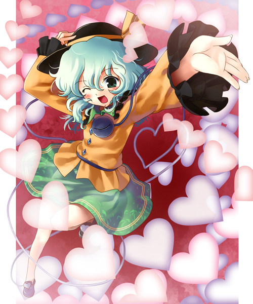 katahira masashi, komeiji koishi, touhou, silver hair, 1girl, danmaku, female focus, green eyes, hat, heart, heart of string, one eye closed, short hair, solo, wink