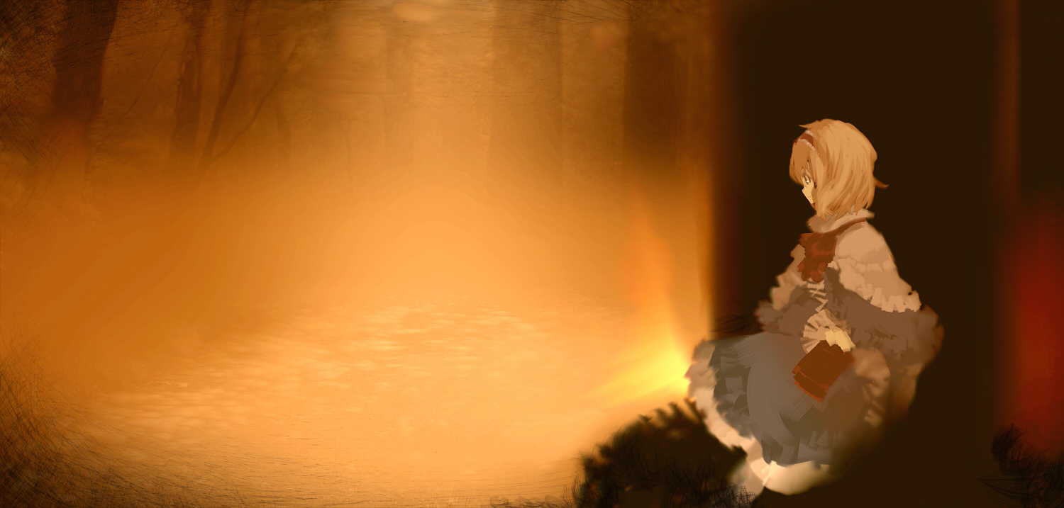 yoshioka yoshiko, alice margatroid, touhou, looking away, 1girl, blonde hair, female focus, forest, nature, outdoors, plant, profile, sitting, solo, tree, water