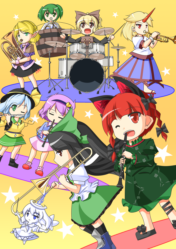 urushi, hoshiguma yuugi, kaenbyou rin, kisume, komeiji koishi, komeiji satori, kurodani yamame, mizuhashi parsee, reiuji utsuho, zombie fairy (touhou), touhou, 6+girls, braid, clarinet, conductor baton, drum, drum set, euphonium, female focus, flute, french horn, horns, instrument, multiple girls, single horn, trombone, trumpet, tuba