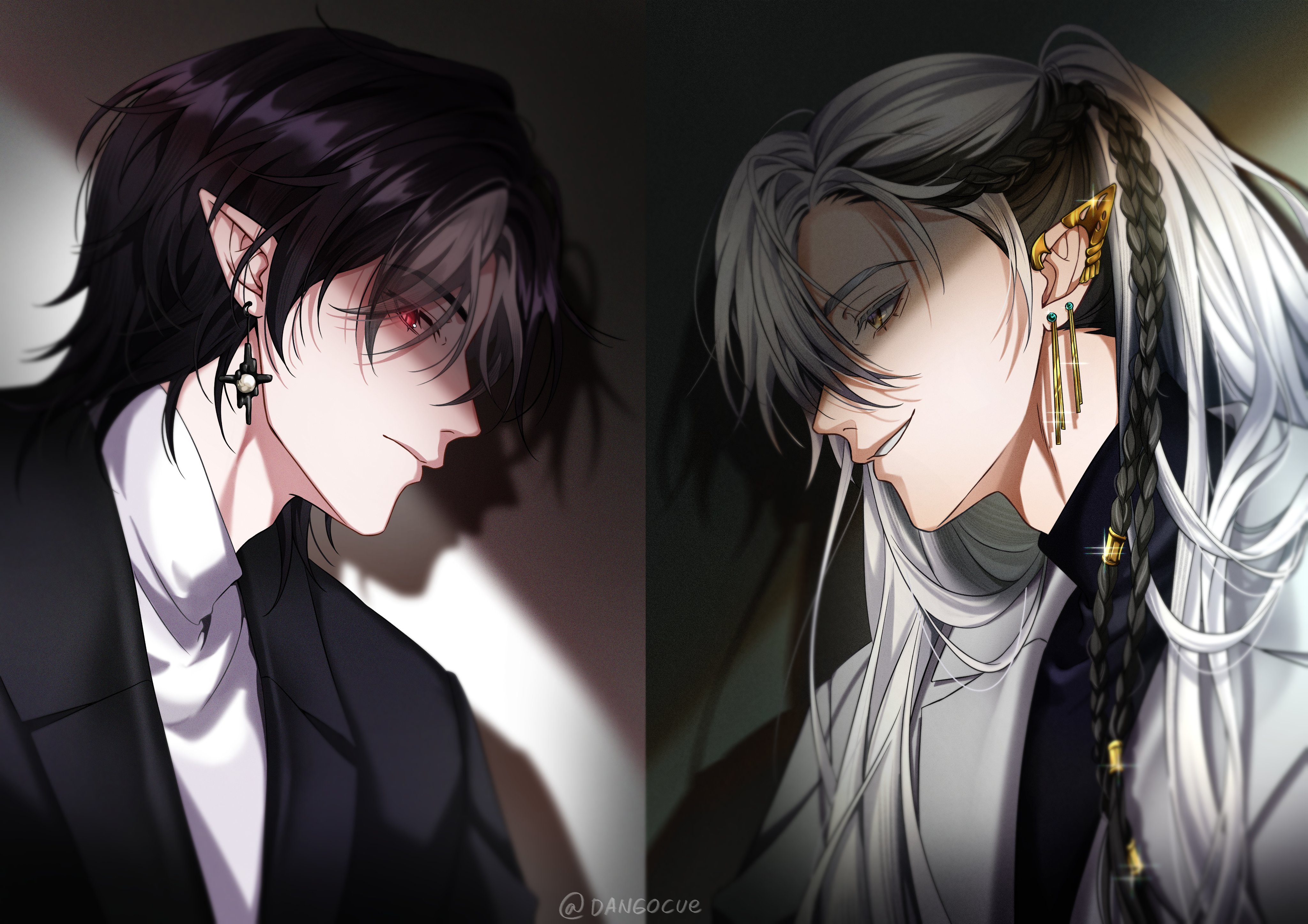 first stage production, absurdres, highres, 2boys, black hair, black suit, cassian floros, dangocue, earrings, formal clothes, jewelry, long hair, lucien lunaris, multiple boys, pointy ears, red eyes, smirk, suit, vampire, virtual youtuber, white hair, white suit, yellow eyes