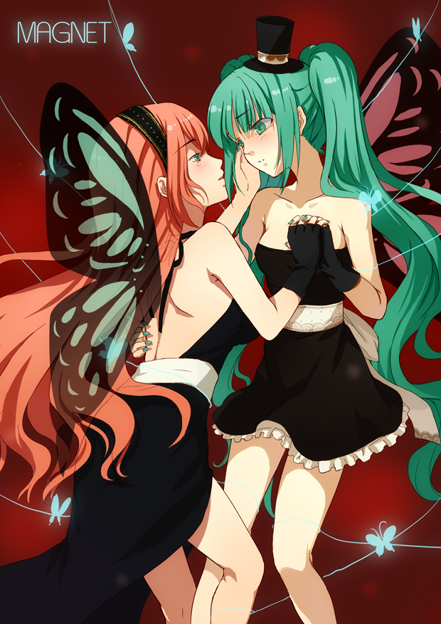 xiangtu, hatsune miku, megurine luka, magnet (vocaloid), vocaloid, bad id, bad pixiv id, 2girls, aqua eyes, aqua hair, aqua nails, blush, bug, butterfly, butterfly wings, dress, eye contact, face-to-face, fingerless gloves, gloves, green hair, hairband, hat, holding hands, insect, insect wings, long hair, looking at another, mini hat, mini top hat, multiple girls, nail polish, pink hair, ribbon, skirt, top hat, twintails, very long hair, wings, yuri