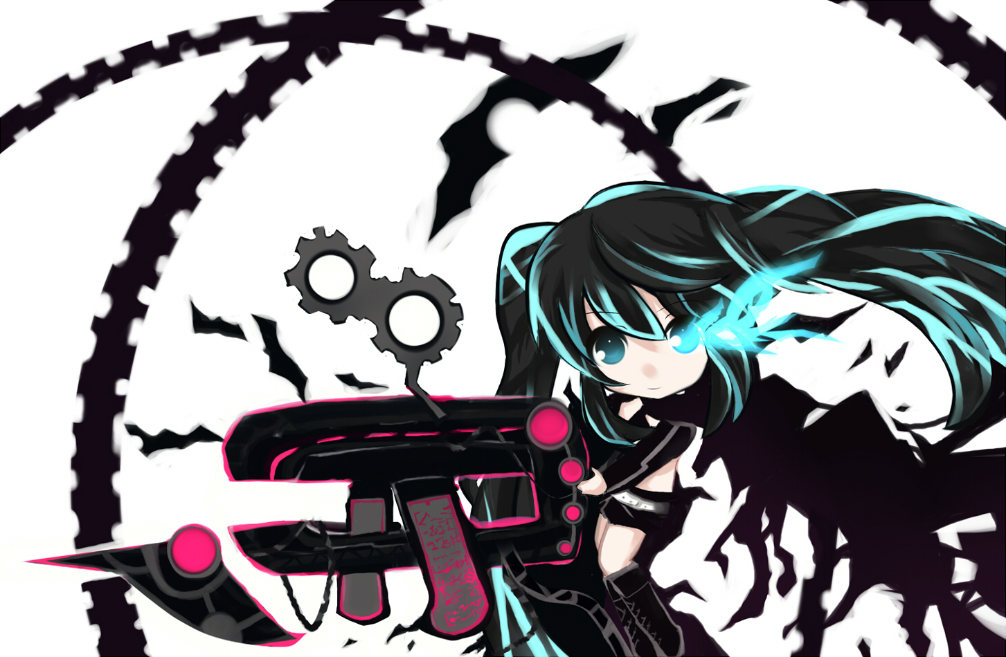 komaki, black rock shooter (character), black rock shooter, bad id, bad pixiv id, 10s, 1girl, arm cannon, belt, bikini, bikini top only, black hair, blue eyes, boots, chibi, female focus, flat chest, front-tie top, gears, glowing, glowing eyes, jacket, knee boots, long hair, midriff, pale skin, short shorts, shorts, smile, solo, swimsuit, twintails, uneven twintails, very long hair, weapon, white background