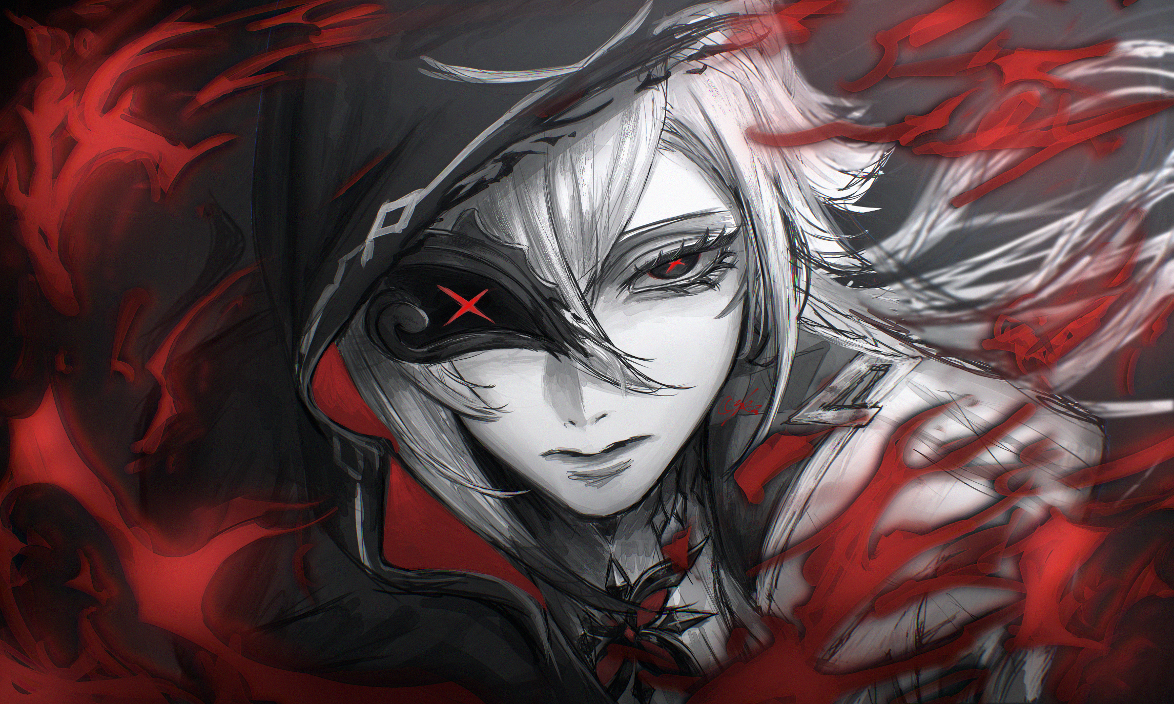 shiyon zukizuki, arlecchino (genshin impact), genshin impact, highres, 1girl, cloak, closed mouth, expressionless, fire, hood, hooded cloak, looking at viewer, one eye covered, red eyes, solo, white hair