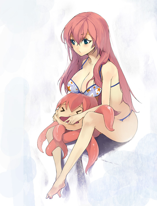 sasamori tomoe, megurine luka, takoluka, vocaloid, bad id, bad pixiv id, > <, 1girl, barefoot, bikini, blush, breasts, cleavage, closed eyes, feet, female focus, large breasts, long hair, pink hair, sitting, solo, swimsuit