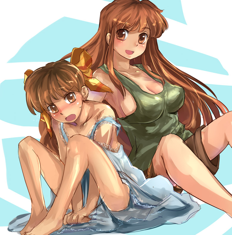 suoni (deeperocean), original, 1boy, 1girl, bare legs, barefoot, blush, breasts, brother and sister, brown eyes, brown hair, crossdressing, dress, embarrassed, large breasts, long hair, open mouth, short hair, shorts, siblings, sitting, sketch