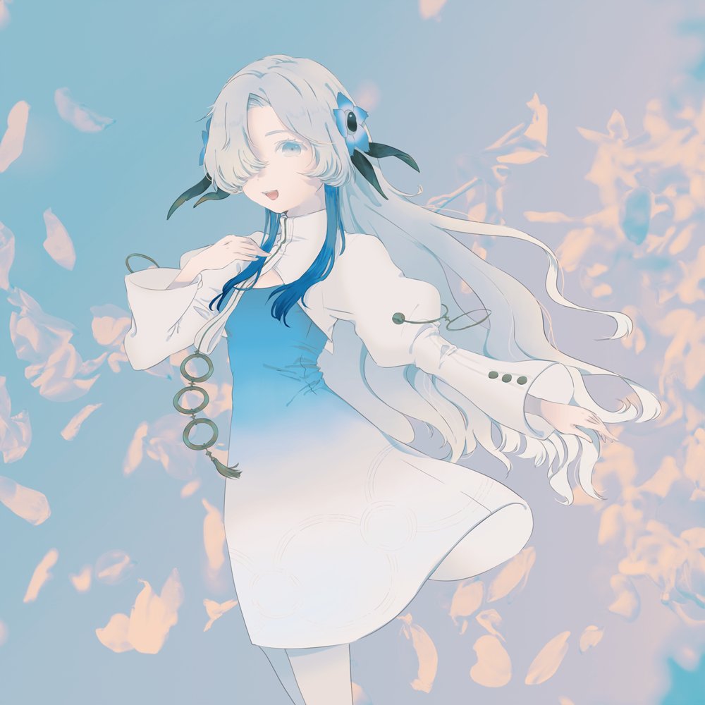 isekaijoucho, kamitsubaki studio, 1girl, blue eyes, blue hair, dress, grey hair, hair over one eye, looking at viewer, mohe onpu, multicolored hair, open mouth, pantyhose, smile, solo, two-tone hair, white pantyhose, wings