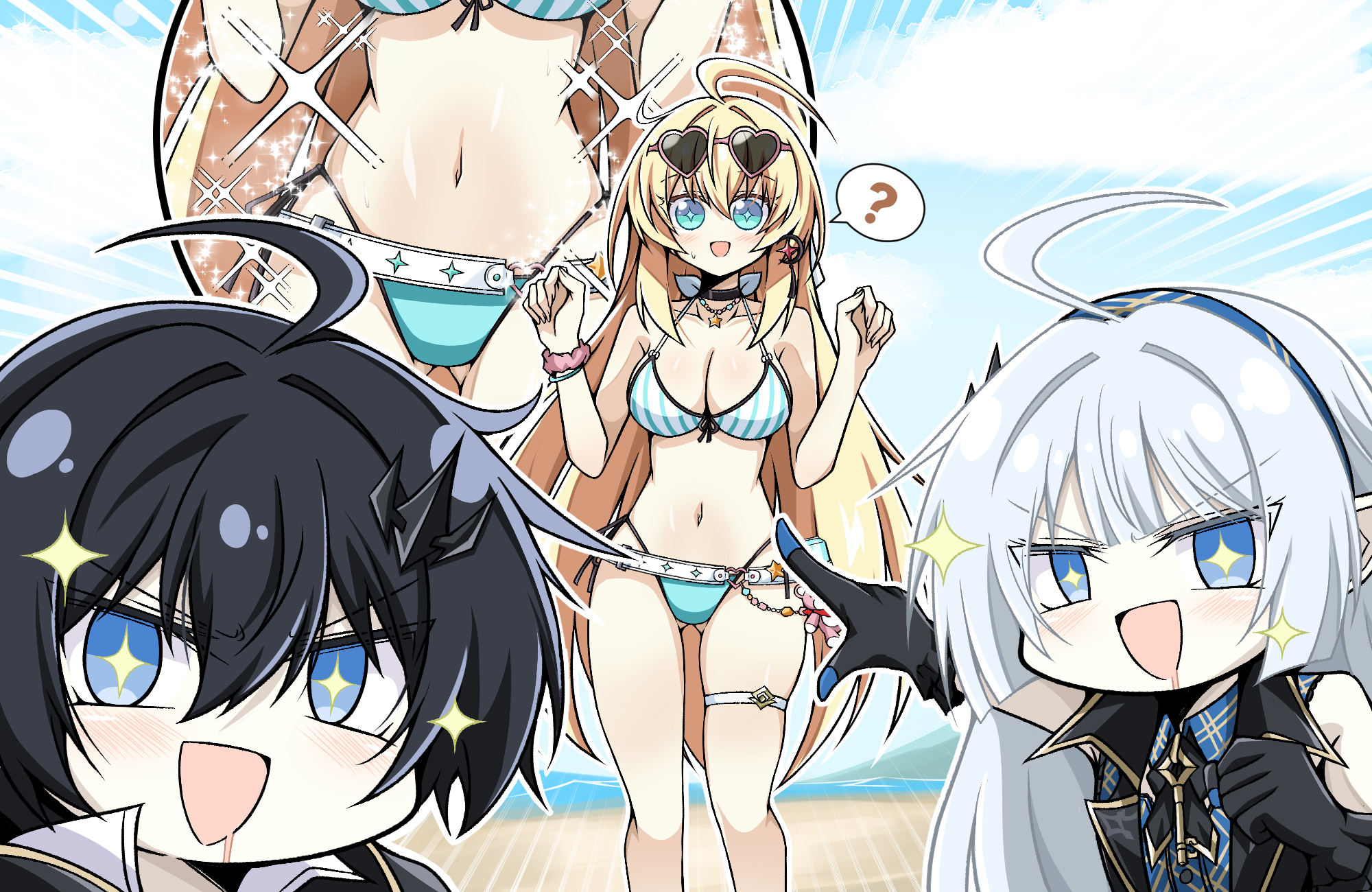 windy (jazz9207), female tyrant (stella sora), male tyrant (stella sora), noya (stella sora), tyrant (stella sora), stella sora, commentary request, highres, korean commentary, 1boy, 2girls, ?, ahoge, aqua bikini, bare shoulders, beach, bikini, black choker, black dress, black gloves, black hair, black jacket, blonde hair, blue dress, blue eyes, blue hairband, bracelet, breasts, checkered clothes, checkered dress, checkered hairband, choker, cleavage, coat dress, collarbone, diamond-shaped pupils, diamond (shape), dress, drooling, earrings, eyewear on head, feet out of frame, frilled gloves, frills, front-tie bikini top, front-tie top, gloves, gluteal fold, grey hair, hair intakes, hairband, heart, heart-shaped eyewear, jacket, jewelry, large breasts, layered dress, meme, multicolored bikini, multiple girls, navel, necklace, noya (lingering sunlight) (stella sora), ocean, official alternate costume, open mouth, outdoors, pointing, pointy ears, sand, scrunchie, side-tie bikini bottom, single earring, smile, sparkling eyes, speech bubble, spoken question mark, standing, star (symbol), star necklace, stomach, striped bikini, striped clothes, sunglasses, sweatdrop, swimsuit, symbol-shaped pupils, thigh gap, thigh strap, tsurime, two-tone bikini, two soyjaks pointing (meme), v-shaped eyebrows, vertical-striped bikini, vertical-striped clothes, water, wrist scrunchie, zoom layer