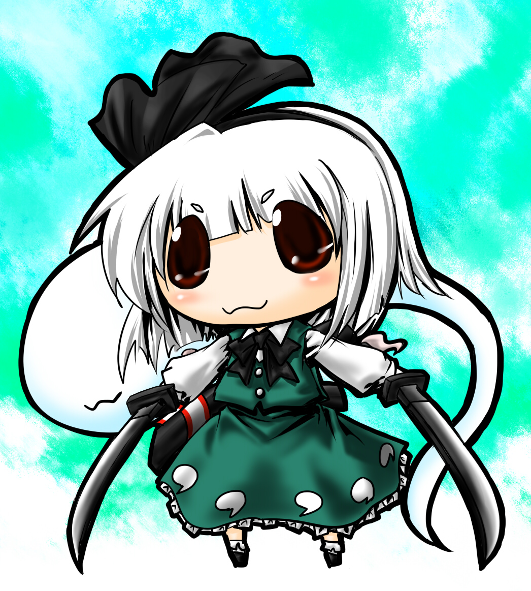 itsuku, konpaku youmu, konpaku youmu (ghost), touhou, 1girl, :3, chibi, dual wielding, female focus, full body, ghost, gradient background, hairband, holding, katana, red eyes, short hair, skirt, solo, sword, weapon, white hair