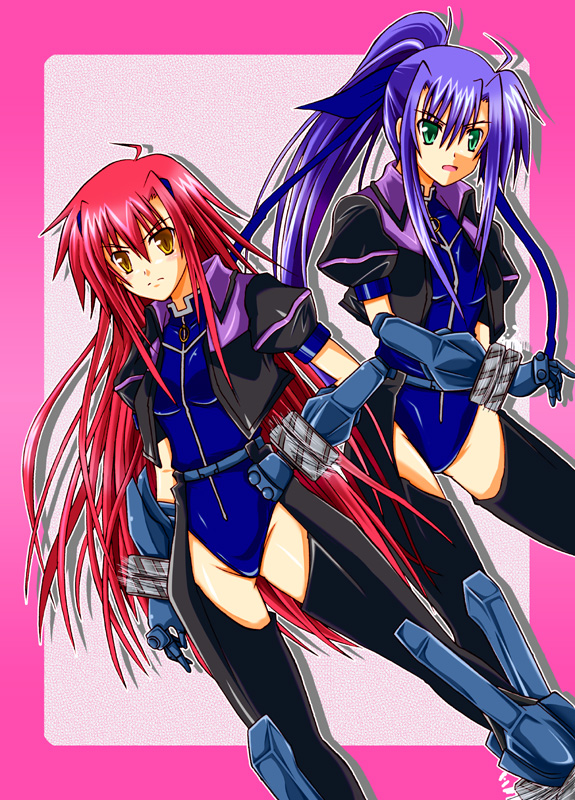 sakazaki akira, zakkii, nove (nanoha), numbers (nanoha), quint nakajima, revolver knuckle, lyrical nanoha, mahou shoujo lyrical nanoha, mahou shoujo lyrical nanoha strikers, bad id, bad pixiv id, 00s, 2girls, ahoge, gloves, green eyes, jacket, leotard, long hair, multiple girls, ponytail, purple hair, red hair, very long hair, yellow eyes