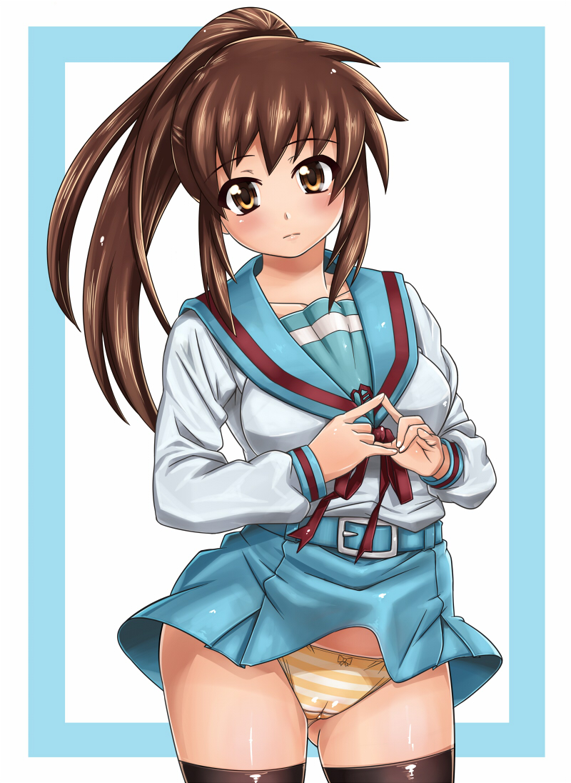yoohi, kyonko, suzumiya haruhi no yuuutsu, bad id, bad pixiv id, gender request, 00s, 1girl, black thighhighs, blush, bow, bow panties, brown eyes, brown hair, cameltoe, female focus, genderswap, long hair, miniskirt, panties, pantyshot, ponytail, school uniform, serafuku, skirt, solo, standing, striped clothes, striped panties, thighhighs, underwear, upskirt, wind, wind lift, yellow panties, zettai ryouiki