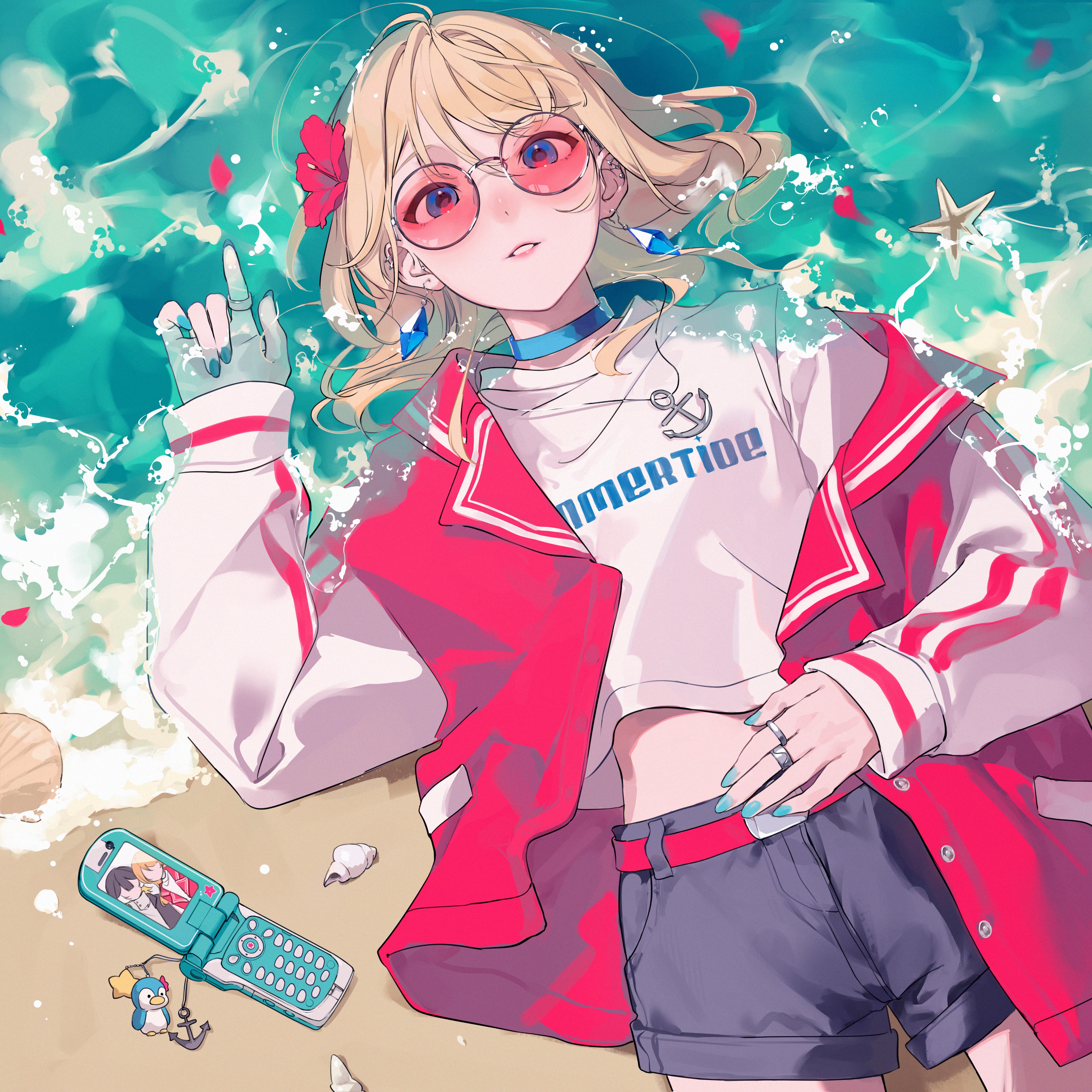 ritao kamo, original, absurdres, highres, 1girl, accessories, aqua nails, blonde hair, blue eyes, blush, cellphone, earrings, flip phone, jacket, jewelry, phone, red jacket, ring, shirt, white shirt