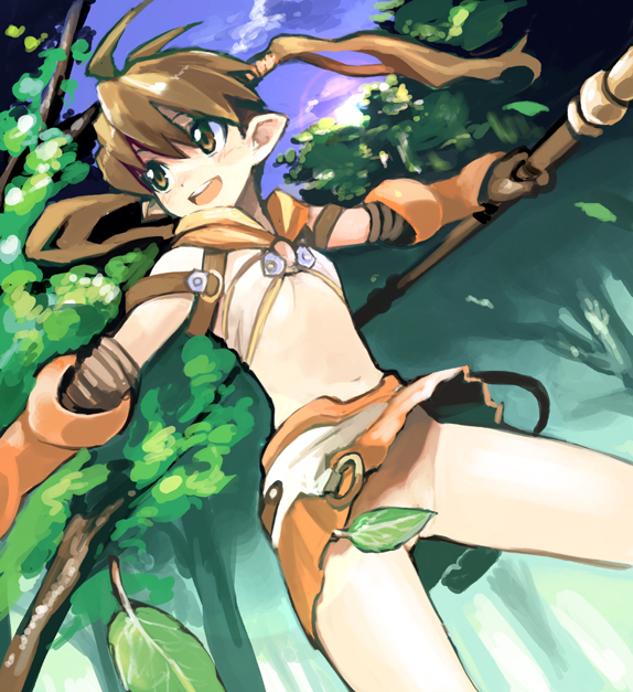 shigehiro (hiroi heya), forest keeper nowa, nowa (queen's blade), queen's blade, looking away, 00s, 1girl, :d, bandeau, blue sky, blush, breasts, brown eyes, brown hair, censored, cloud, convenient censoring, day, dutch angle, elbow gloves, female focus, flat chest, forest, gloves, loli, long hair, looking to the side, midriff, miniskirt, nature, navel, no panties, o-ring, o-ring top, open mouth, orange skirt, outdoors, outstretched arms, pointy ears, pussy, pussy peek, revealing clothes, skirt, sky, small breasts, smile, solo, spread arms, stomach, sun, thighs, tree, twintails, underboob, weapon, wind, wind lift
