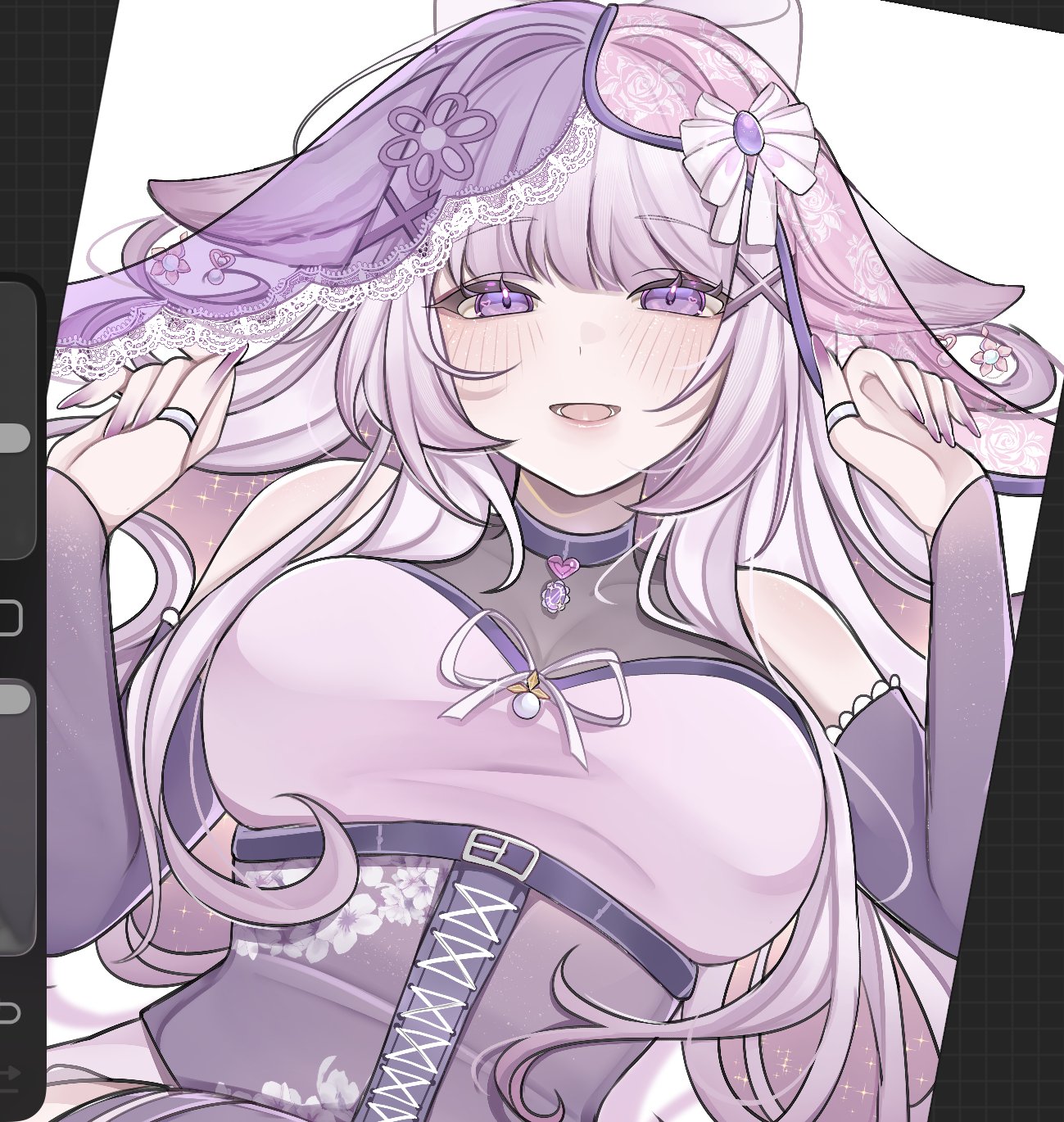 rosheil, original, commentary, commission, english commentary, highres, 1girl, art program in frame, bare shoulders, breasts, corset, detached sleeves, dress, fingernails, hair ornament, hands up, jewelry, large breasts, long hair, long sleeves, looking at viewer, nail polish, open mouth, purple corset, purple dress, purple eyes, purple hair, purple nails, purple veil, ring, see-through clothes, see-through veil, simple background, smile, solo, swept bangs, upper body, veil, white background, x hair ornament